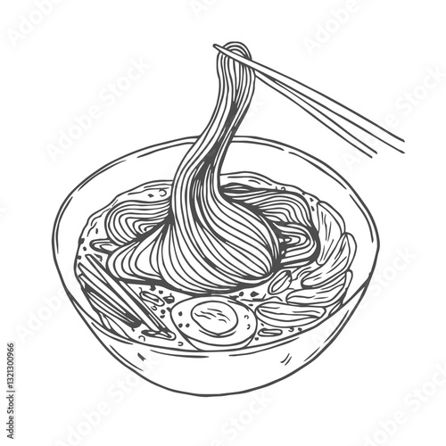 Bowl noodles and chopsticks sketch. Asian food. Chinese, Korean, Japanese cuisine. Logo template. Hand drawn vector illustration.