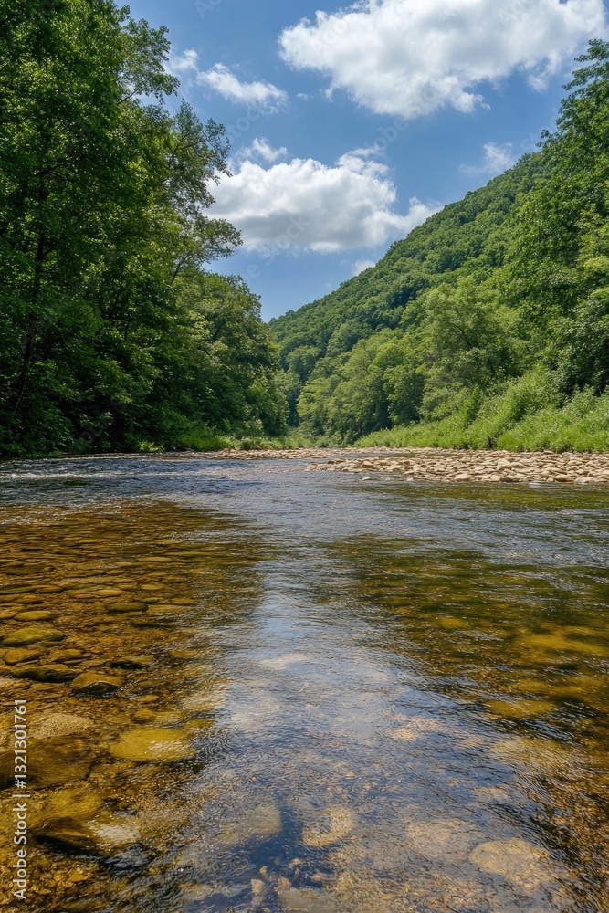 Clear river flowing through lush green valley under a partly cloudy sky Clear river flowing through lush green valley under a partly cloudy sky
