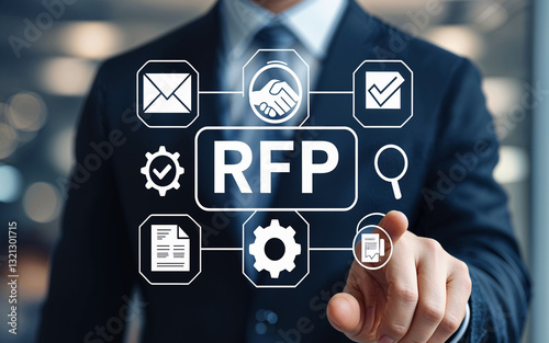 RFP Request for Proposal Business Process with Digital Interface Technology.  Business Man using virtual touch screen by finger