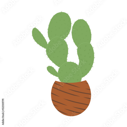 Bunny ears cactus design in brown pot. Opuntia microdasys design. Home potted succulent plant design. Hand drawn vector illustration in flat style on white background. Green potted cactus