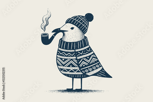 Seagull in sweater with pipe in bold minimalistic line art