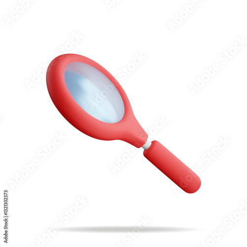 3D red magnifying glass isolated on white. Render plastic cartoon zoom lens. Loupe tool icon. Discovery, analysis, research, investigation, search concept. Vector illustration