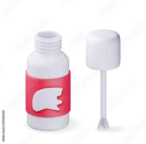3D Plastic white bottle with stationery corrector isolated. Render correction fluid in container with brush. Tools for education and work. Stationery and office supply. Vector illustration