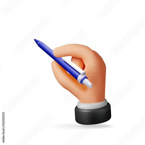 3D detailed classic ballpoint pen in hand isolated on white. Render black pen with button. Office and school equipment, stationery. Vector illustration