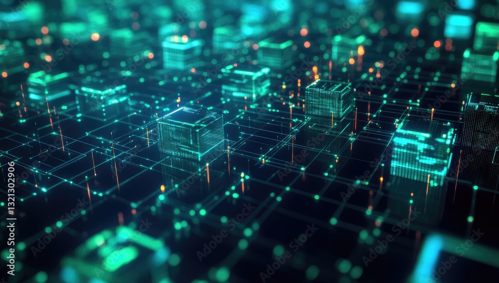 Abstract digital city, glowing interconnected cubes and lines, a complex network of data and technology Abstract digital city, glowing interconnected cubes and lines, a complex network of data and technology