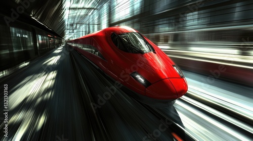 High-Speed Red Train in Motion at Modern Train Station Interior