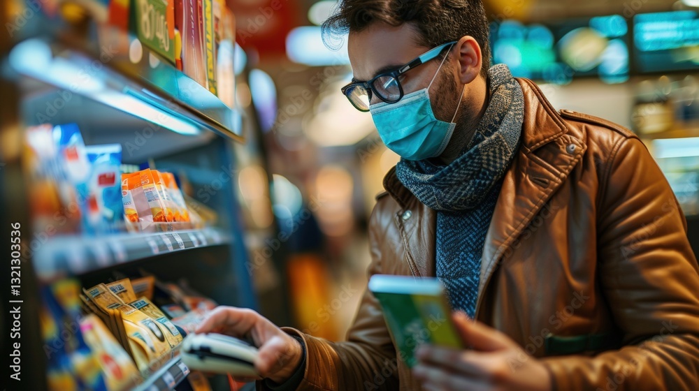 Man in mask shopping for snacks in supermarket Man in mask shopping for snacks in supermarket