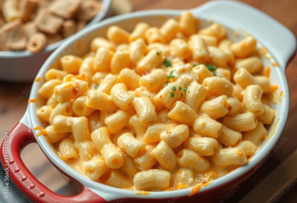 Creamy, cheesy macaroni and cheese in a casserole dish, butter, texture Creamy, cheesy macaroni and cheese in a casserole dish, butter, texture