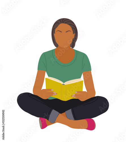 Young woman sitting on the floor, reading book. Pretty girl, student studying and preparing for examination. Attractive female cartoon character Vector illustration isolated on transparent background.