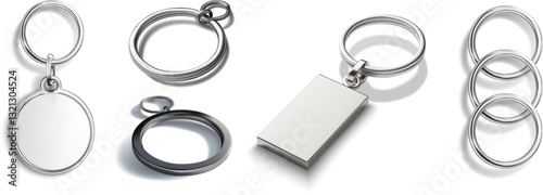 A visually striking collection of metallic keychains in different styles, showcasing circular and rectangular shapes with shiny surfaces, designed in a 3D vector illustration.