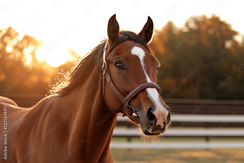 Naklejka premium Horse standing majestically in the pasture during golden hour as sunlight casts a warm glow in the background