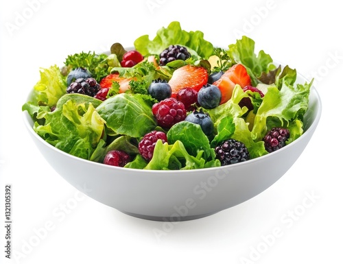 Colorful berry and greens salad in a bowl.  A vibrant mix of fresh greens, berries, and other fruits create a healthy and delicious dish photo