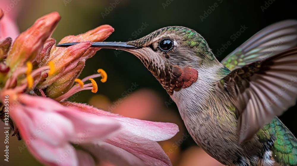 Obraz premium Close-up of a hummingbird hovering near a pink flower. the hummingbird is in mid-flight, with its wings spread wide and its body slightly tilted to the side.