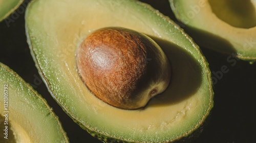 Close-up of an avocado cut in half. the avocado is green in color and has a rough texture. in the center of the image, there is a small, round fruit with a brownish-brown skin.