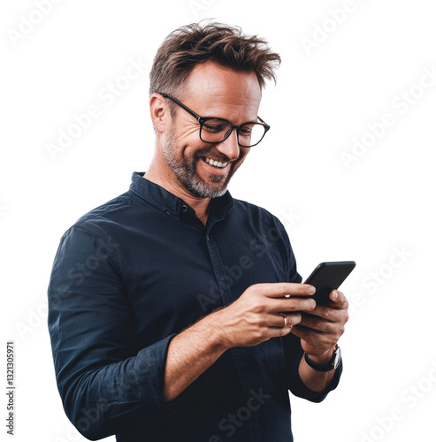 A man with glasses is smiling while holding a cell phone