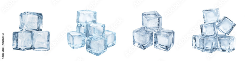 A collection of transparent ice cubes arranged in various geometric shapes and patterns creating a minimalist and contemporary still life composition on a clean studio style background A collection of transparent ice cubes arranged in various geometric shapes and patterns creating a minimalist and contemporary still life composition on a clean studio style background