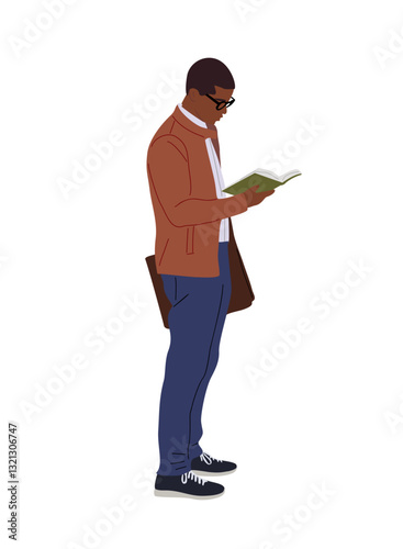 Black young man standing, reading book. African american guy, student studying and preparing for examination. Handsome male cartoon character Vector illustration isolated on transparent background.