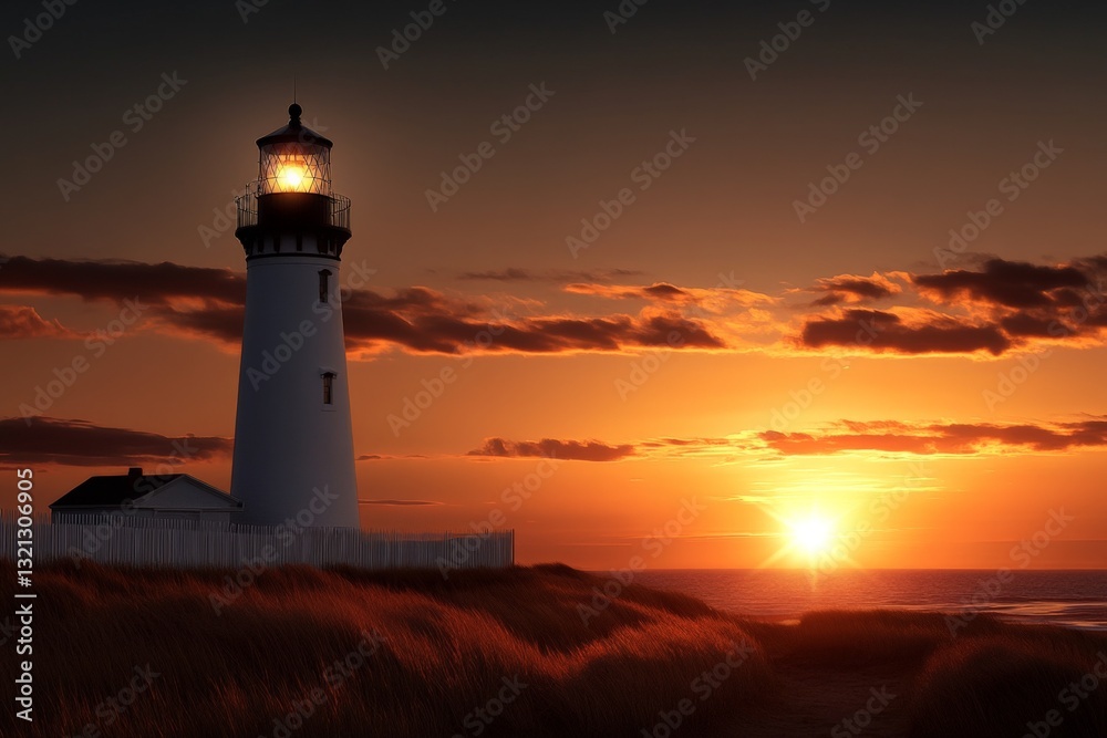 Lighthouse stands tall against a vibrant sunset over the ocean coastline near a grassy shore Lighthouse stands tall against a vibrant sunset over the ocean coastline near a grassy shore