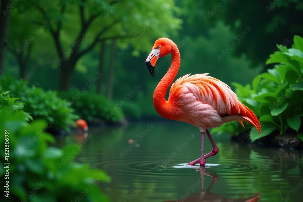 Fototapeta premium Pink flamingo wading in shallow water surrounded by lush greenery, water, pond, pink