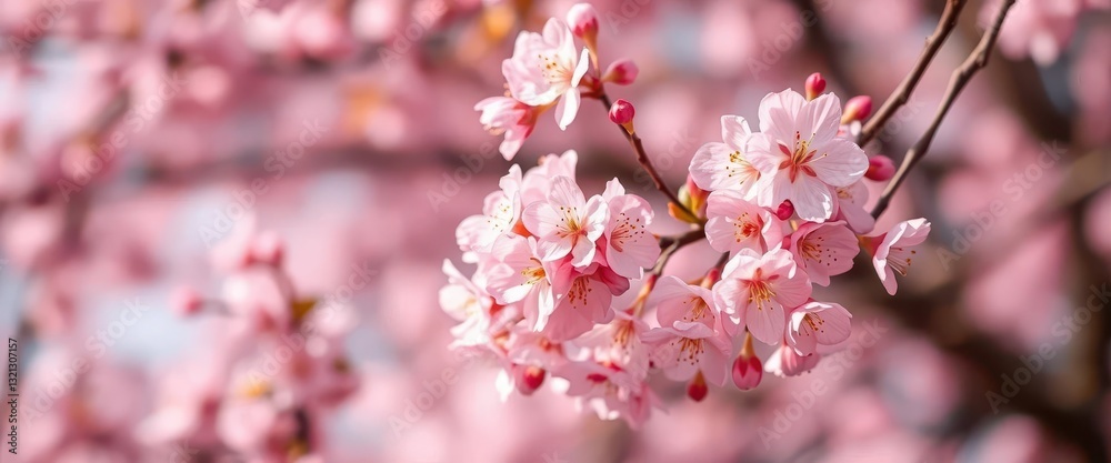 Delicate pink cherry blossoms in full bloom against a soft, blurred background, pretty, tree Delicate pink cherry blossoms in full bloom against a soft, blurred background, pretty, tree