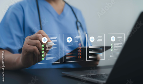 Doctor managing digital health records with advanced technology. Secure medical data system for modern hospitals