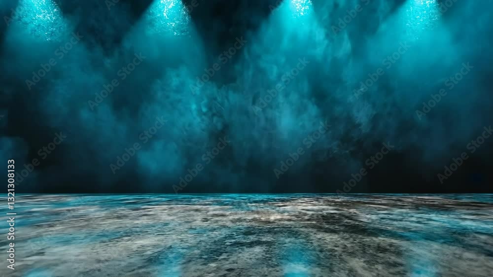 Stage illuminated by bright blue lights with fog, creating a dramatic atmosphere for performances