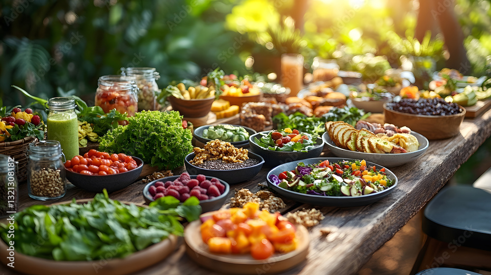 Obraz premium Ultra-realistic image of healthy food and sustainable lifestyle, including vegan meals, urban gardens, eco-friendly markets, and environmental activities. 