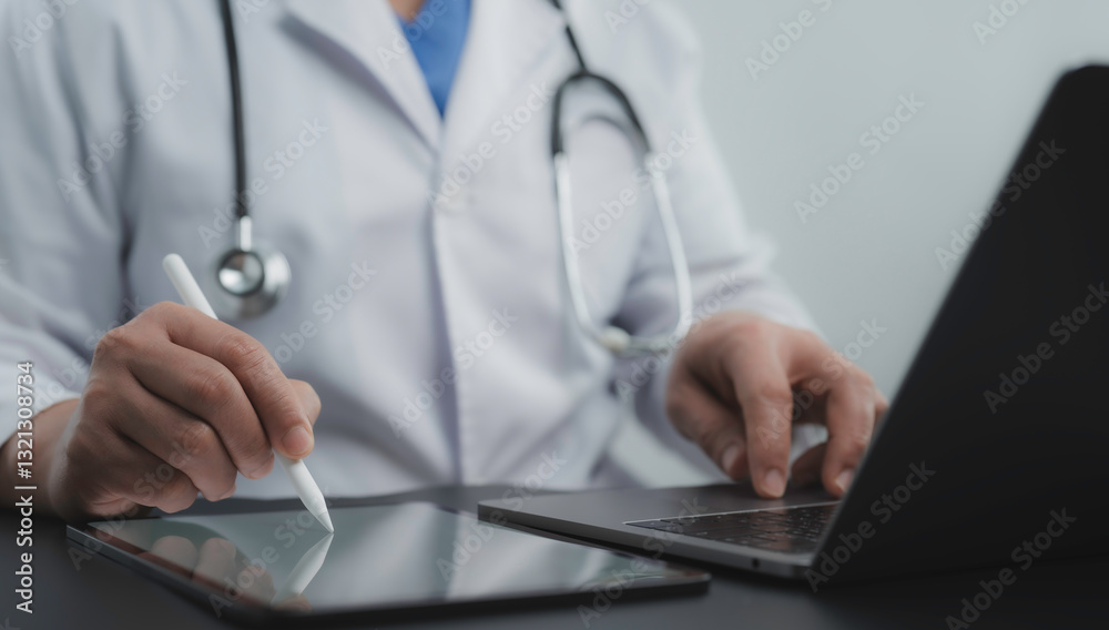 Doctor utilizing a tablet and laptop for modern healthcare services. Secure and innovative medical consultation and patient management system Doctor utilizing a tablet and laptop for modern healthcare services. Secure and innovative medical consultation and patient management system