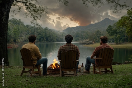 Wallpaper Mural Three Friends Sitting by a Fire Near a Lake with Dramatic Clouds and Mountains Torontodigital.ca
