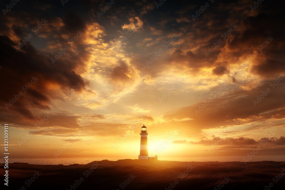 Sunset over a scenic lighthouse by the coast with dramatic clouds and vibrant colors in the sky Sunset over a scenic lighthouse by the coast with dramatic clouds and vibrant colors in the sky