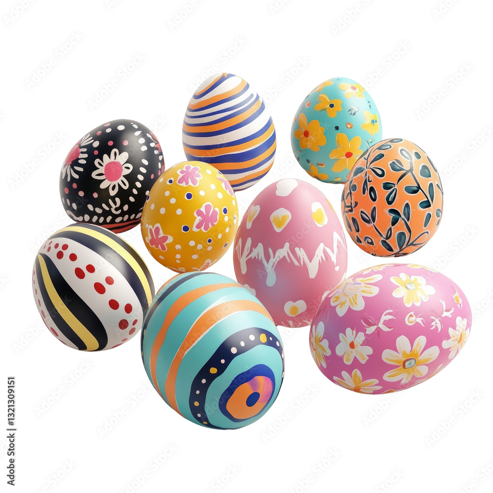 A collection of painted eggs with various designs and colors A collection of painted eggs with various designs and colors