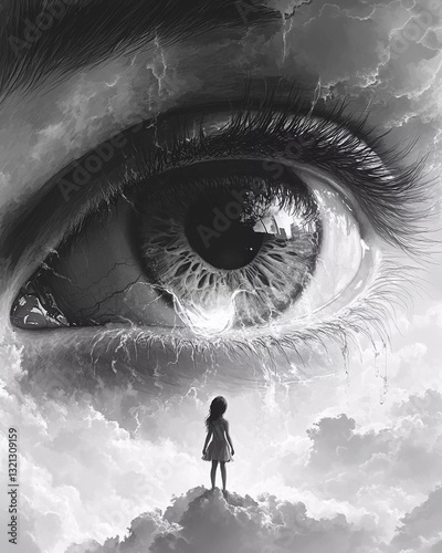 Dreamlike Eye and Stormy Sky Surreal Artwork.