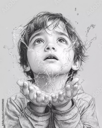 Black and White Surreal Portrait of a Child with Water Splash