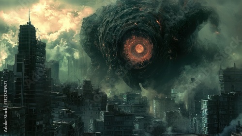 A terrifying fusion of organic and robotic horror, its monstrous form devouring entire buildings background wallpaper AI generated image