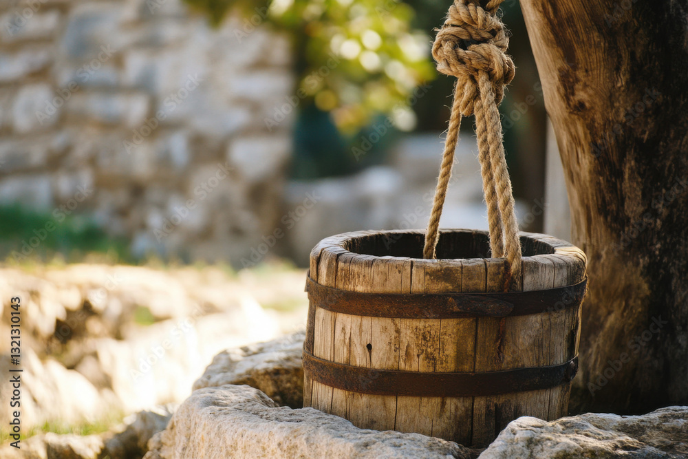 Traditional rural water well with bucket and rope system, close-up Traditional rural water well with bucket and rope system, close-up