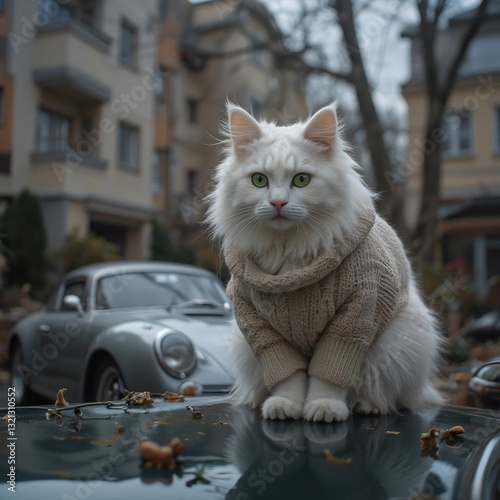 Fluffy white cat Caddy with green eyes in sweater sits on car in in the yard of an apartment building in Saltovka Kharkov. Cozy cat lounges on a sports car. photo