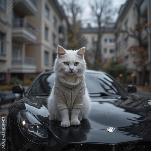 Fluffy white cat Caddy with green eyes in sweater sits on car in in the yard of an apartment building in Saltovka Kharkov. Cozy cat lounges on a sports car. photo