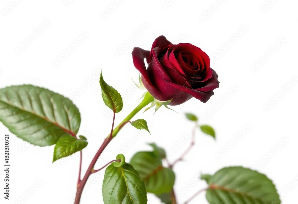Fototapeta premium A single dark red rose with vibrant green leaves, isolated on pure white , floral, studio shot