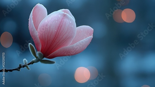Single magnolia bloom covered in dewdrops, moody evening backdrop with subtle bokeh lights, serene atmosphere