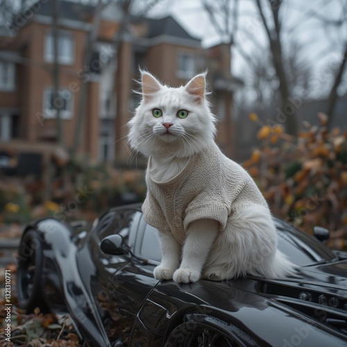 Fluffy white cat Caddy with green eyes in sweater sits on car in in the yard of an apartment building in Saltovka Kharkov. Cozy cat lounges on a sports car. photo