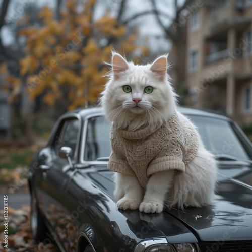 Fluffy white cat Caddy with green eyes in sweater sits on car in in the yard of an apartment building in Saltovka Kharkov. Cozy cat lounges on a sports car. photo