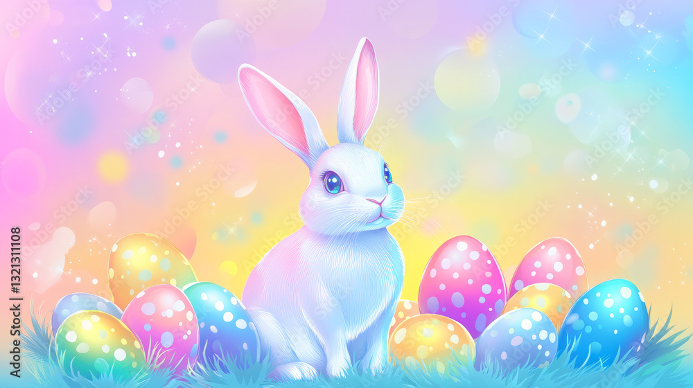 Obraz premium Easter banner and poster template with Easter eggs and a rabbit in a metallic holographic gradient style.Easter Day greetings and gifts.Easter shopping and promotion template 