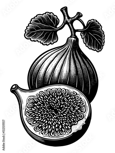 whole and sliced fig fruit with leaves, showcasing botanical beauty and natural texture engraving generative ai sketch PNG illustration