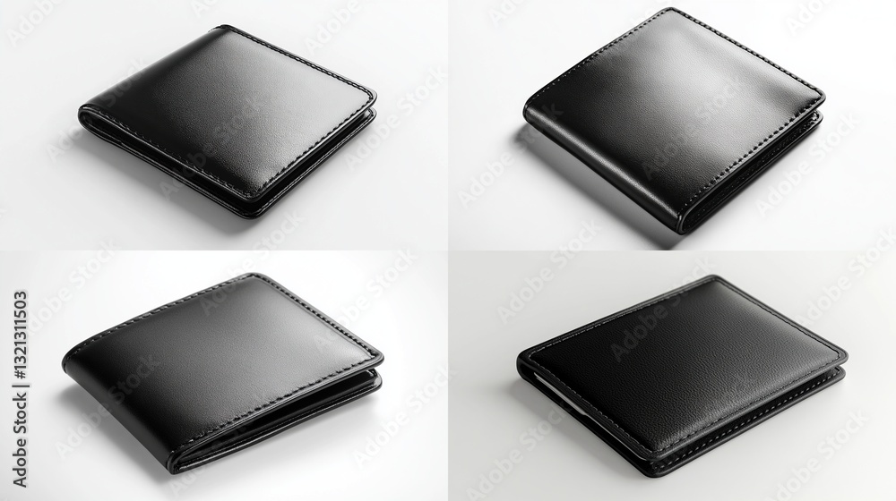 Four views of a black leather wallet. Four views of a black leather wallet.