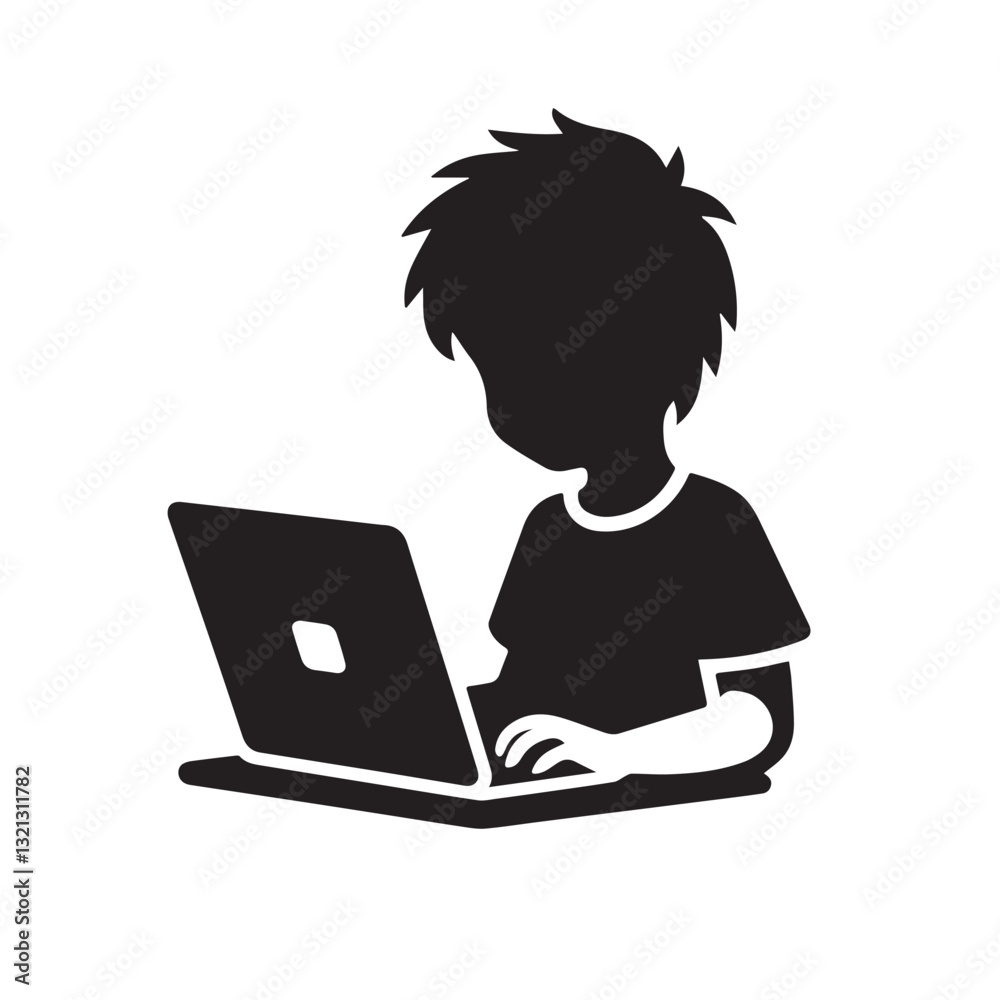 Child using laptop vector silhouette design. Children using laptop vector illustration. Child using laptop vector silhouette design. Children using laptop vector illustration.
