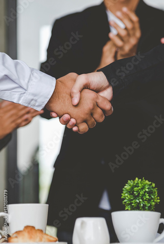 Vertical Businessman shaking hands together team partnership teamwork. Trust honesty business customer handshake together promise respect partner. Vertical Horizon Businessman solidarity team Partner