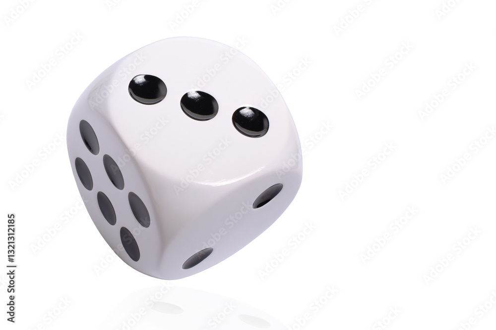 Isolated large white die or dice with black dots on white background, template of a die or dice, gambling addiction or table game concept, copy space Isolated large white die or dice with black dots on white background, template of a die or dice, gambling addiction or table game concept, copy space