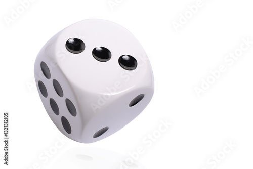 Isolated large white die or dice with black dots on white background, template of a die or dice, gambling addiction or table game concept, copy space