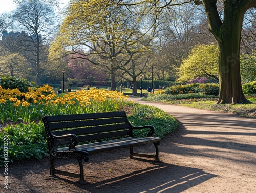 A park bench surrounded by blooming flowers and trees in the background, with paths leading to various areas of greenery