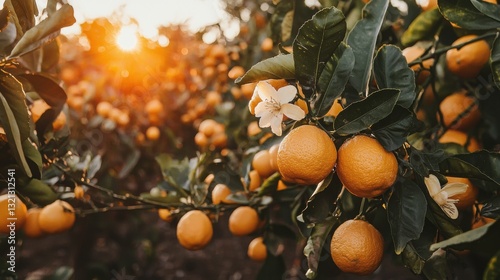 Close-up of a tree with a bunch of oranges hanging from its branches. the oranges are bright orange in color and appear to be ripe and ready to be picked.